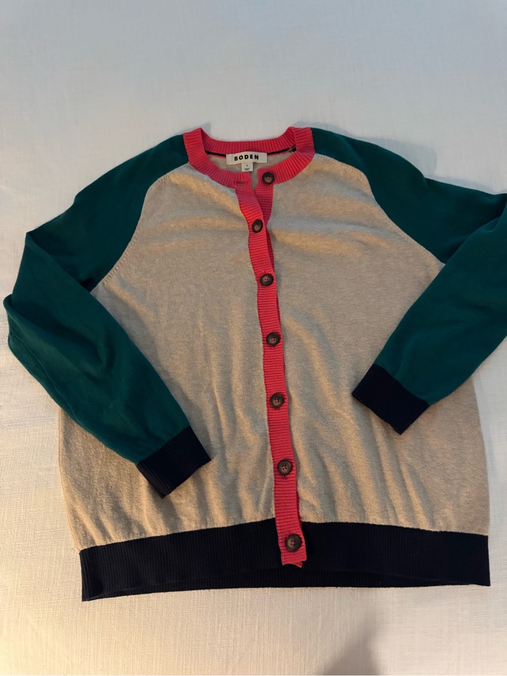 Boden Beige Cardigan with Teal Sleeves & Pink Trim
